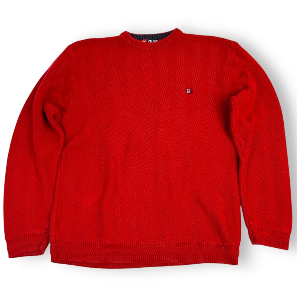Chaps Mens Large Red Sweater Herringbone Pattern Crew Neck 100% Cotton